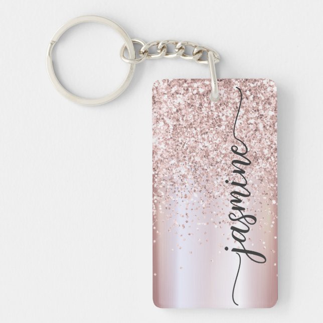 Elegant Rose Gold Glitter Monogram Name Script  Ke Keychain (Front)