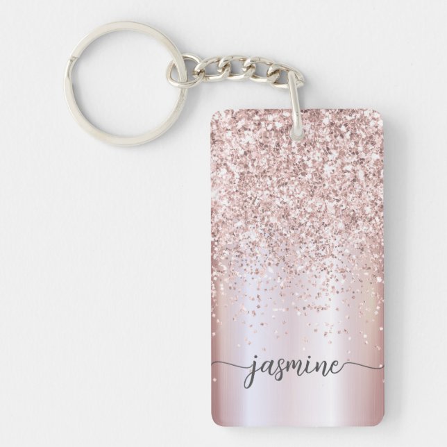 Elegant Rose Gold Glitter Monogram Name Script  Keychain (Front)