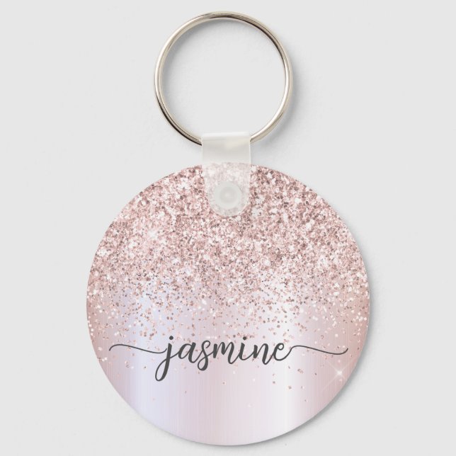 Elegant Rose Gold Glitter Monogram Name Script Keychain (Front)