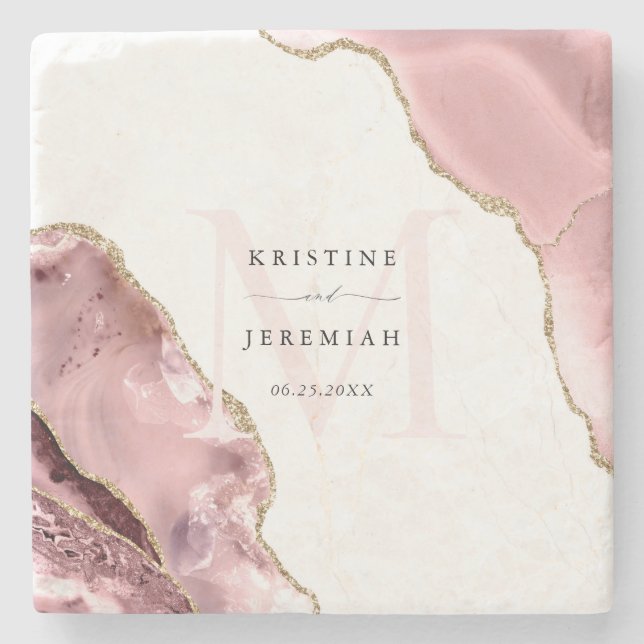 Elegant Rose Gold Glitter Monogram Newlywed Stone  Stone Coaster (Front)