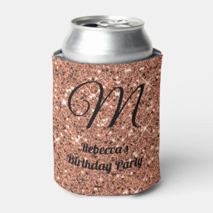 Elegant Rose Gold Glitter Monogram Party Black Can Cooler