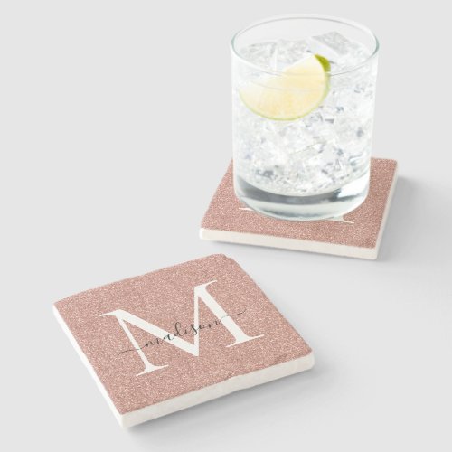 Elegant Rose Gold Glitter Monogram Script Name Stone Coaster