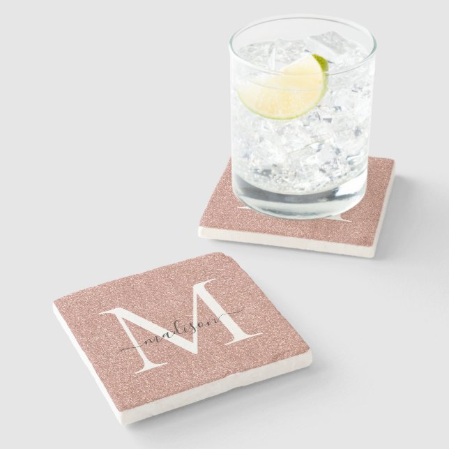 Elegant Rose Gold Glitter Monogram Script Name Stone Coaster (Side)