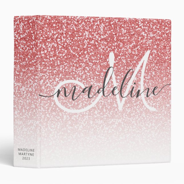 Elegant Rose Gold Glitter Monogrammed 3 Ring Binder (Front/Spine)