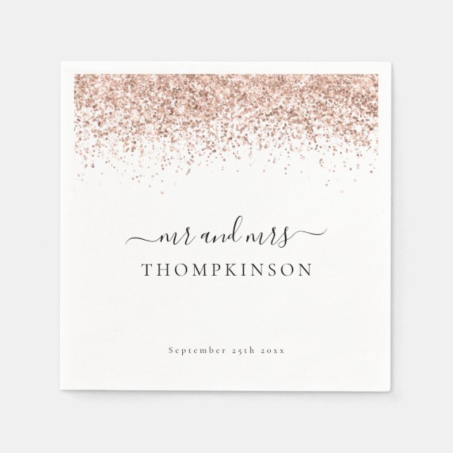 Elegant Rose Gold Glitter Mr Mrs Name Date Wedding Napkins (Front)