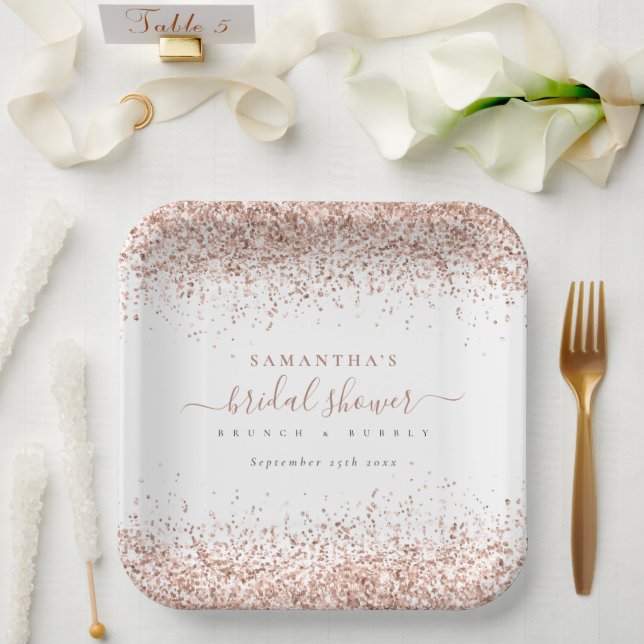 Elegant Rose Gold Glitter Name Date Bridal Shower Paper Plates (Wedding)