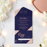 Elegant Rose gold glitter navy blue Bat Mitzvah All In One Invitation<br><div class="desc">This stylish all-in-one Bat Mitzvah invitation combines classic design with practical elegance. Featuring a deep navy blue background, shimmering faux rose gold glitter accents, and both English and Hebrew text, it includes the main invitation and RSVP card in a sleek foldable format. Perfect for modern celebrations that honor tradition with...</div>