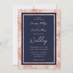 Elegant Rose Gold Glitter Navy Blue Wedding Invitation