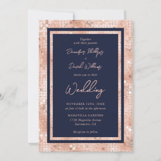 Elegant Rose Gold Glitter Navy Blue Wedding Invitation