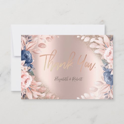 Elegant Rose Gold Glitter Ombre Blue Flower Thank You Card