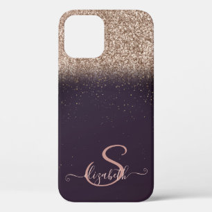 Elegant Rose Gold Glitter Ombre, Monogram iPhone 12 Case