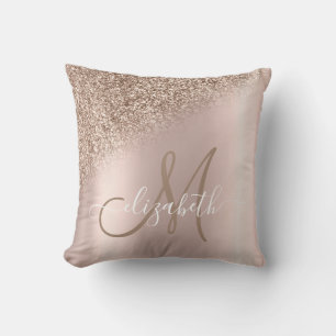 Elegant Rose Gold Glitter Ombre Monogram Throw Pillow