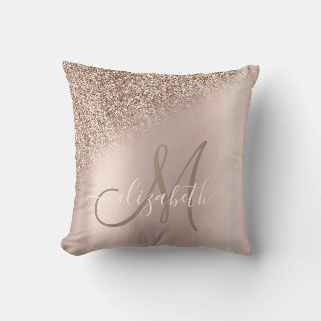 Elegant Rose Gold Glitter Ombre Monogram Throw Pillow (Front)