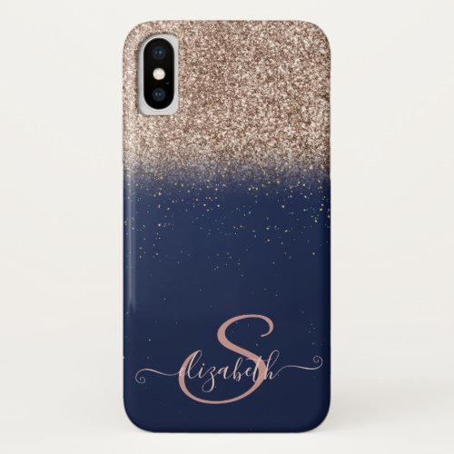 Elegant Rose Gold Glitter OmbreNavy Blue Monogram iPhone X Case