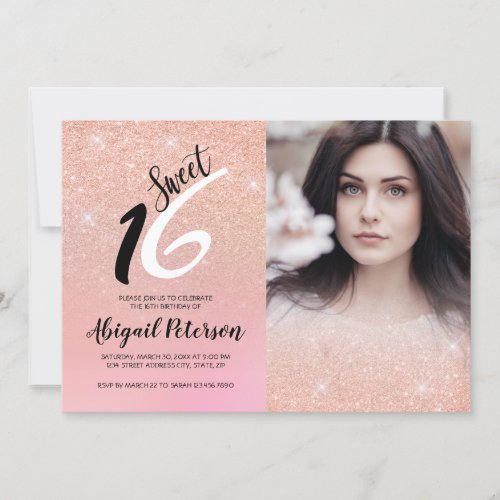 Elegant rose gold glitter ombre sweet sixteen invitation