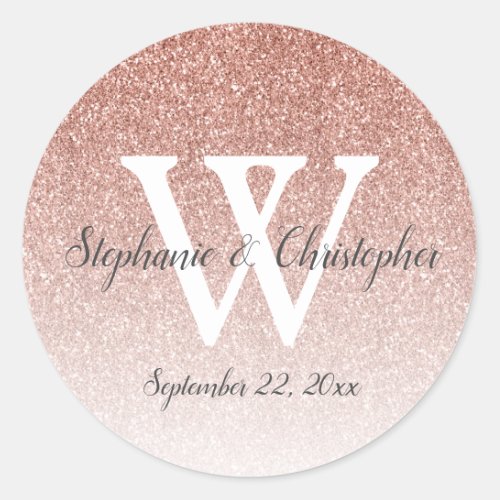 Elegant Rose Gold Glitter Ombre Wedding Monogram Classic Round Sticker