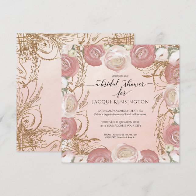 Elegant Rose Gold Glitter Painted Floral Bridal Invitation (Front/Back)