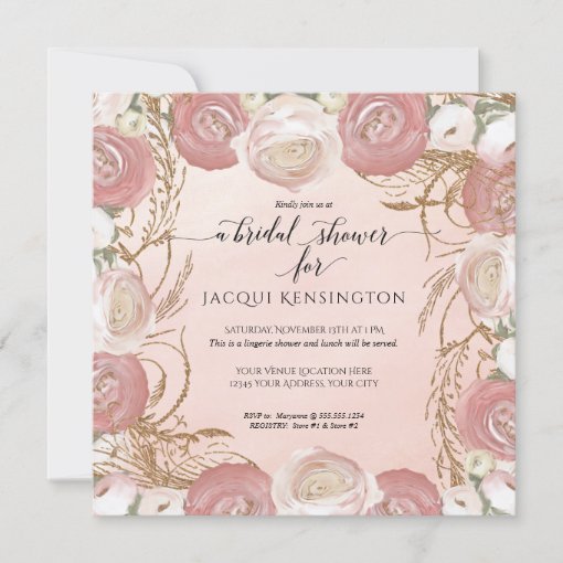 Elegant Rose Gold Glitter Painted Floral Bridal Invitation | Zazzle