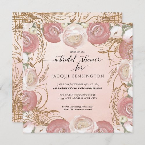 Elegant Rose Gold Glitter Painted Floral Bridal Invitation