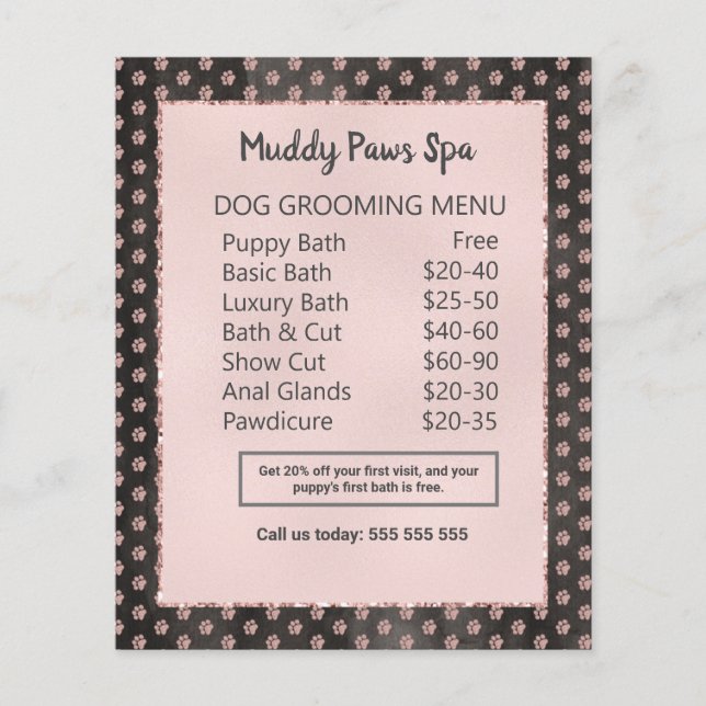 Elegant Rose Gold Glitter Paws Dog Grooming Menu Flyer (Front)