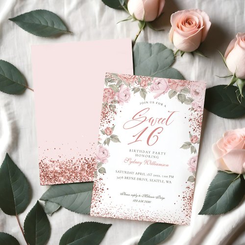 Elegant Rose Gold Glitter Peony Florals Sweet 16 Invitation
