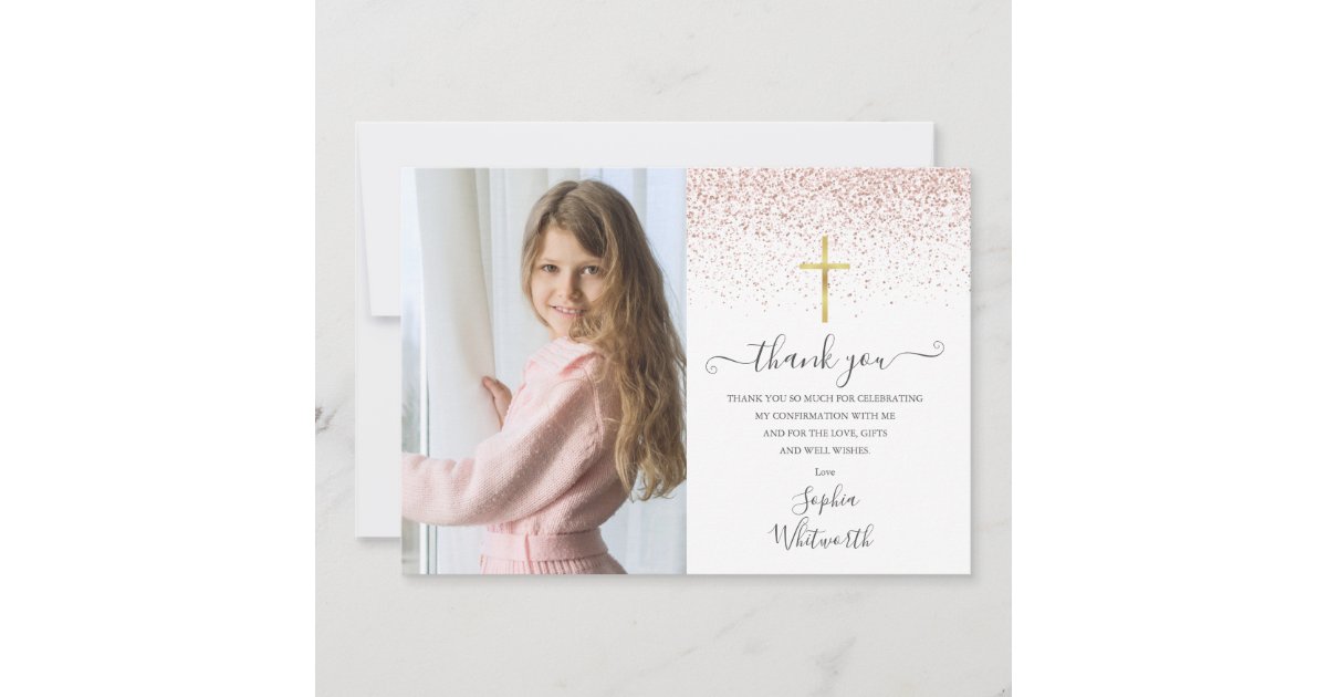 Elegant Rose Gold Glitter Photo Confirmation Thank You Card | Zazzle