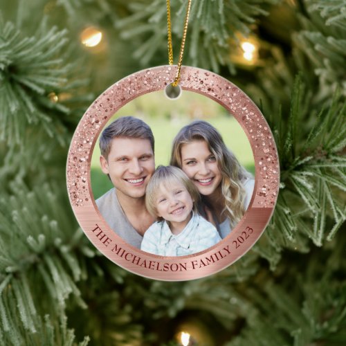 Elegant Rose Gold Glitter Photo Metallic Ceramic Ornament