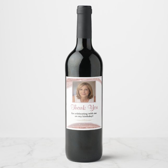 Elegant Rose Gold Glitter Photo Thank You Birthday Wine Label (Front)