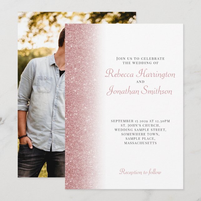 Elegant Rose Gold Glitter Photo Wedding Invitation (Front/Back)