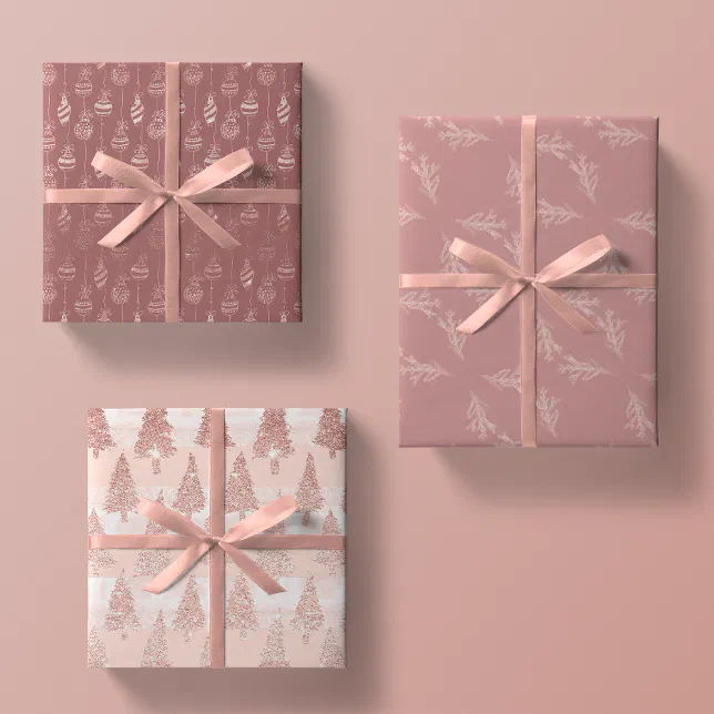 Elegant Rose Gold Glitter Pink Christmas Trio Gift Wrapping Paper Sheets
