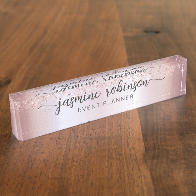 Elegant Rose Gold Glitter Professional Monogram De Desk Name Plate (Side)