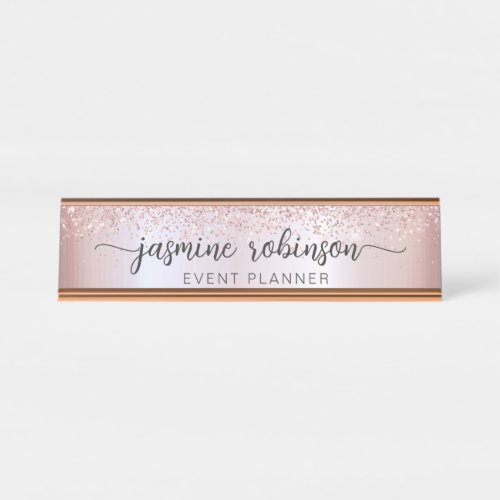 Elegant Rose Gold Glitter Professional Monogram Desk Name Plate