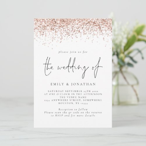 Elegant Rose Gold Glitter QR Code Wedding Invitation