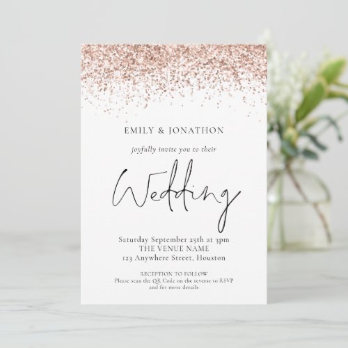 Elegant Rose Gold Glitter QR Code Wedding Invitation