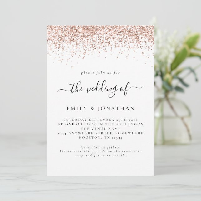 Elegant Rose Gold Glitter QR code Wedding Invitation (Standing Front)