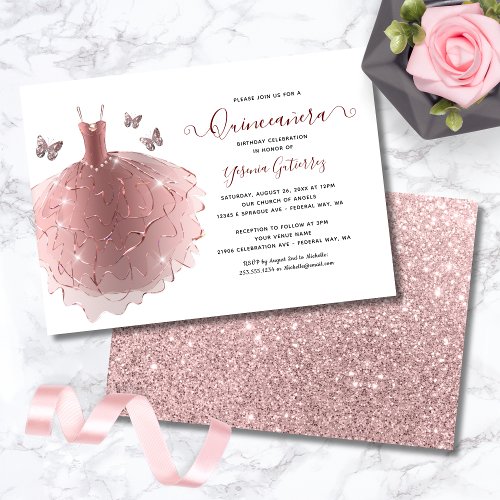 Elegant Rose Gold Glitter Quinceaera Dress Invitation