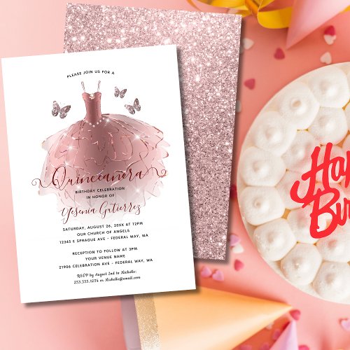 Elegant Rose Gold Glitter Quinceaera Dress Invitation