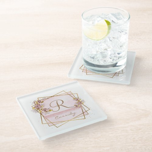 Elegant Rose Gold Glitter Rose Monogram  Glass Coaster