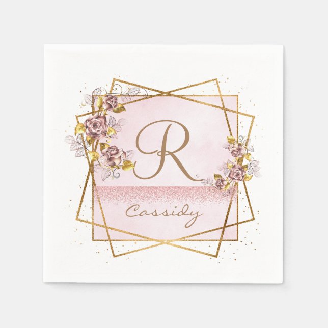 Elegant Rose Gold Glitter Rose Monogram  Napkins (Front)