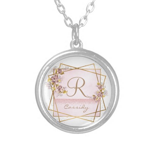 Elegant Rose Gold Glitter Rose Monogram  Silver Plated Necklace