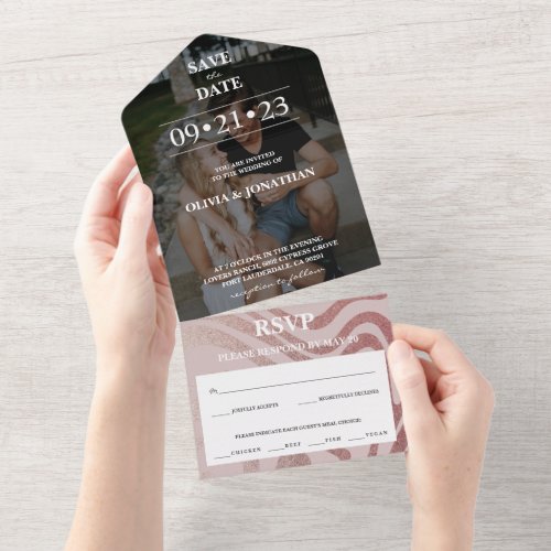 Elegant Rose Gold Glitter Save the Date Photo RSVP All In One Invitation