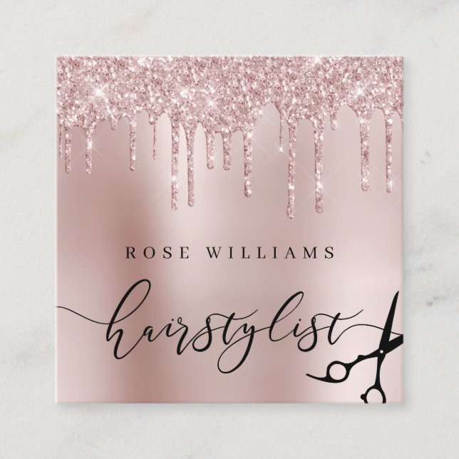 Elegant rose gold glitter scissors hairstylist square business card (Front)