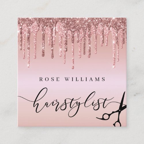 Elegant rose gold glitter scissors hairstylist square business card