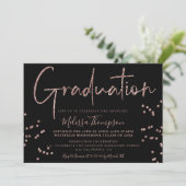 Elegant rose gold glitter script black graduation invitation (Standing Front)