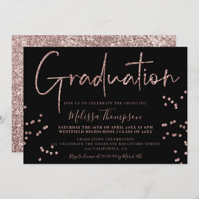 Elegant rose gold glitter script black graduation invitation (Front/Back)