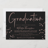 Elegant rose gold glitter script black graduation invitation (Front)