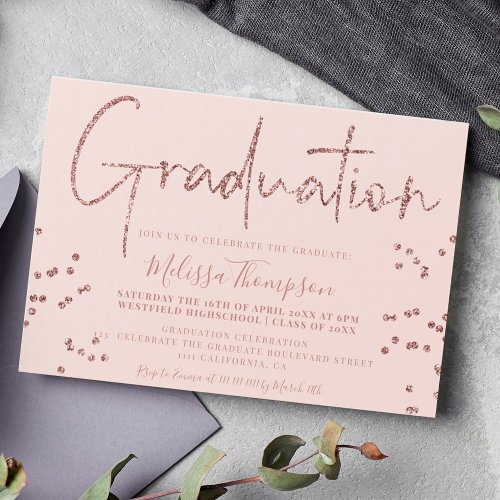 Elegant rose gold glitter script blush graduation invitation