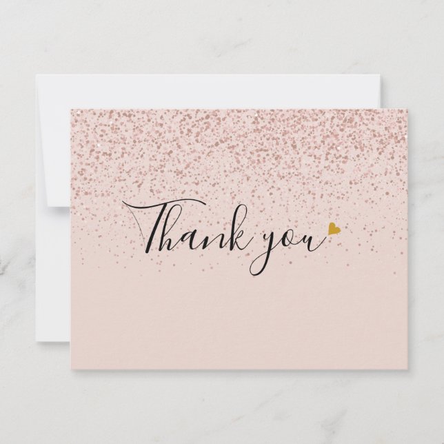 Elegant Rose Gold Glitter Script Gold Heart Photo Thank You Card (Front)