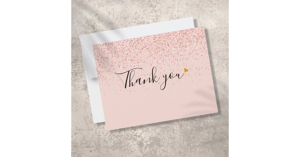Elegant Rose Gold Glitter Script Gold Heart Thank You Card | Zazzle
