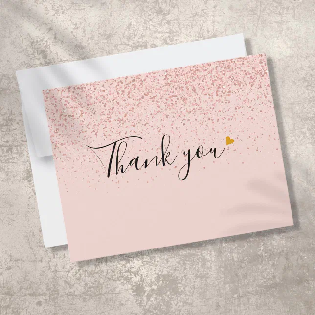Elegant Rose Gold Glitter Script Gold Heart Thank You Card | Zazzle